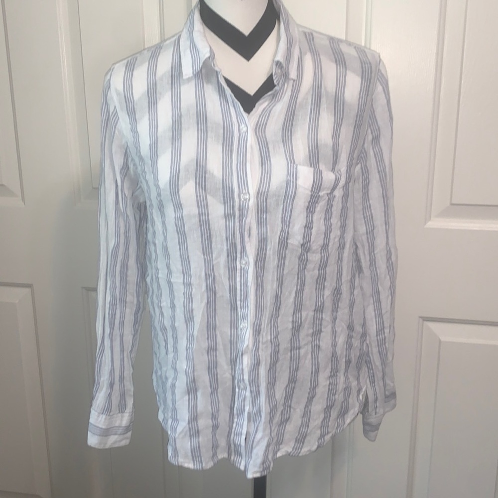 RAILS White & Blue Striped Linen Blend Button Down Top